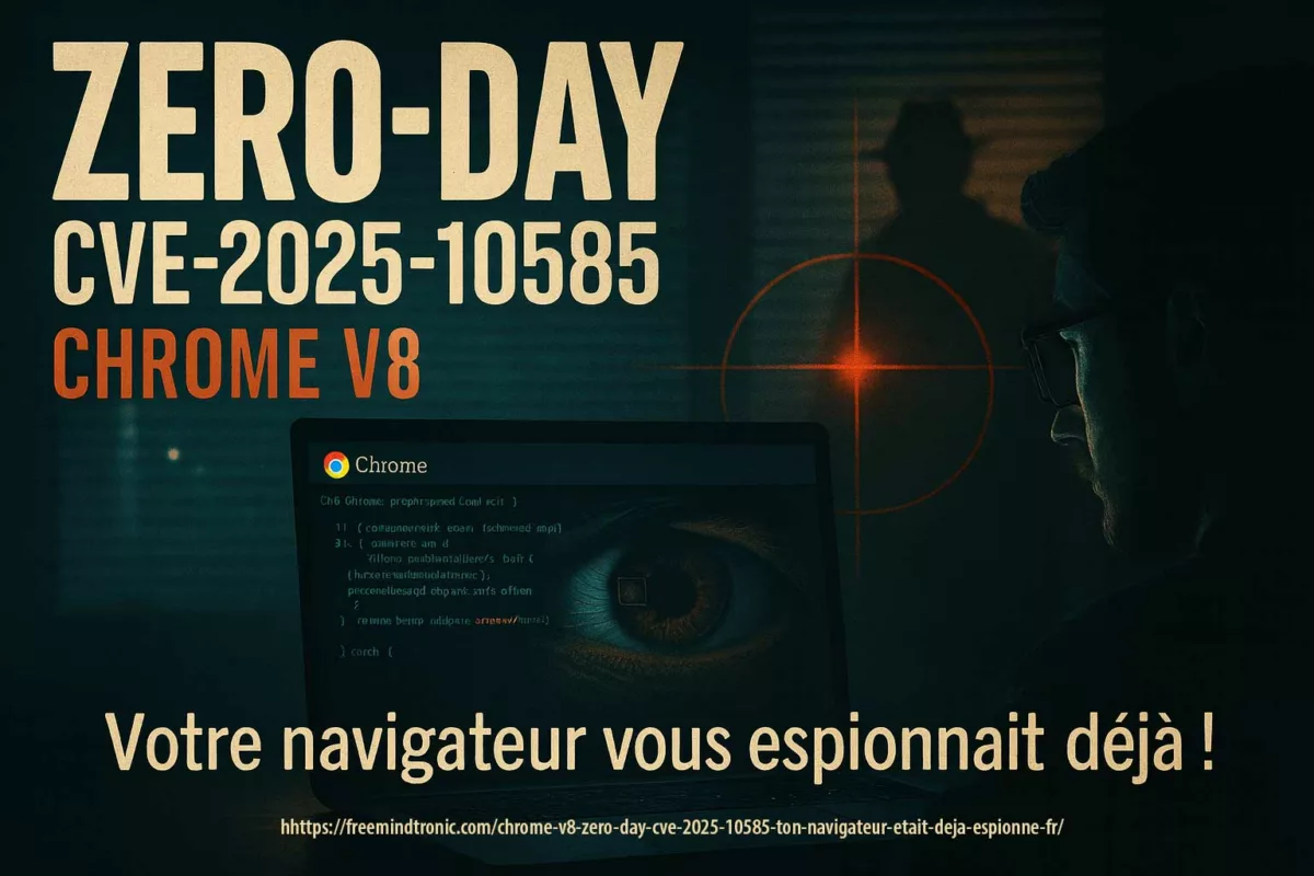 Chrome V8 zero-day CVE-2025-10585 — affiche cinématographique : œil de surveillance dans l’onglet Chrome, silhouette d’espion, lignes de code V8