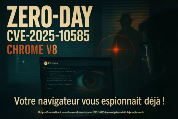 Chrome V8 zero-day CVE-2025-10585 — affiche cinématographique : œil de surveillance dans l’onglet Chrome, silhouette d’espion, lignes de code V8