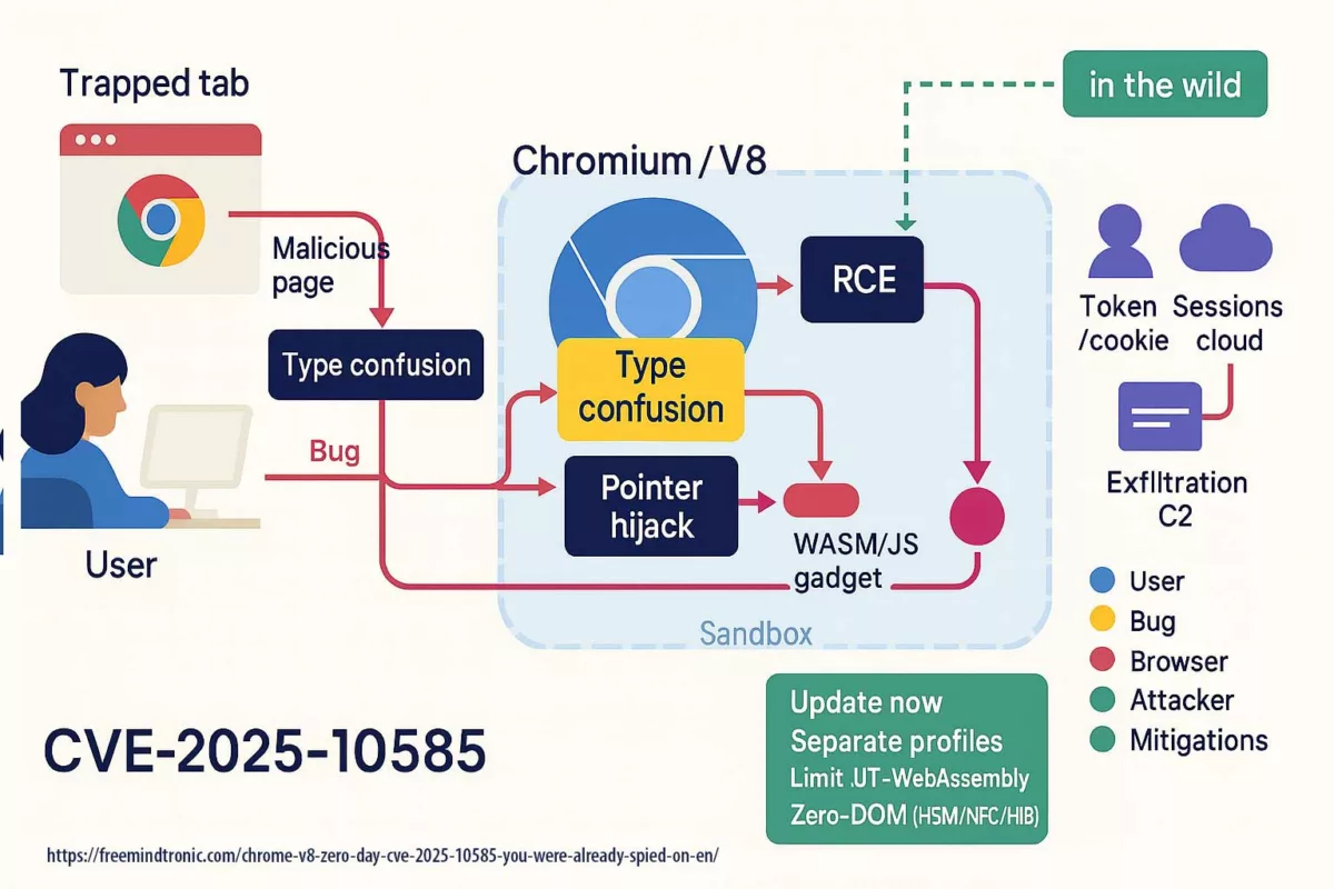 16:9 diagram – Chrome V8 zero-day CVE-2025-10585: V8 type confusion, attack stages, impact (cookies, tokens, extensions) and Zero‑DOM mitigations.