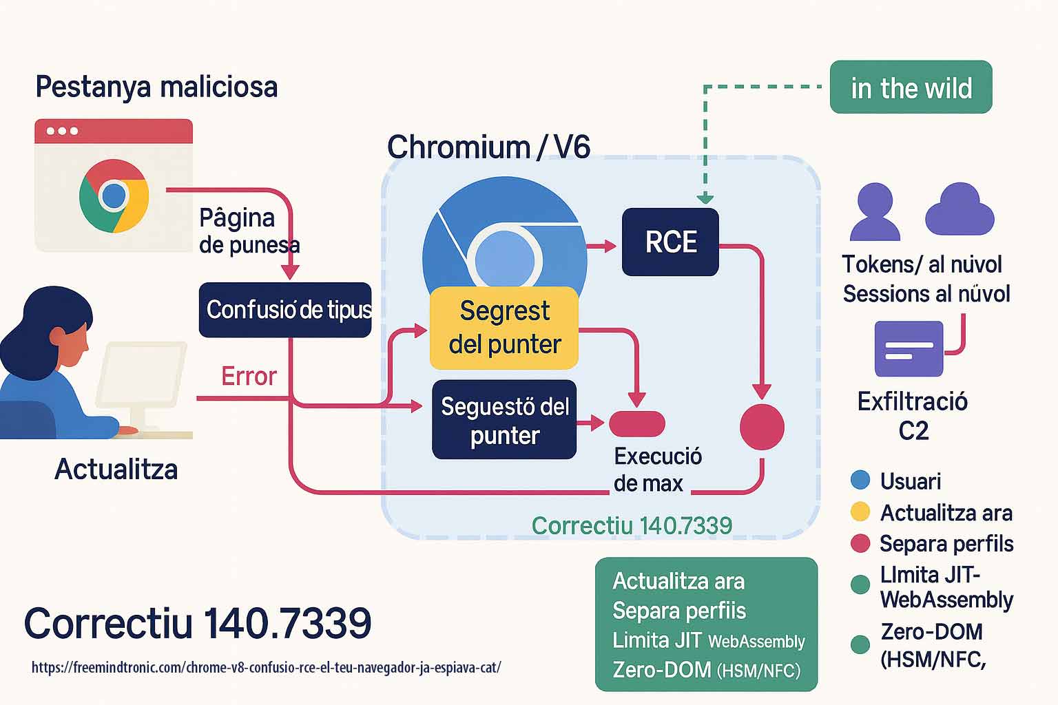 Diagrama 16:9 – Chrome V8 zero-day CVE-2025-10585: confusió de tipus a V8, etapes de l’atac, impacte (galetes, testimonis, extensions) i mitigacions Zero‑DOM.