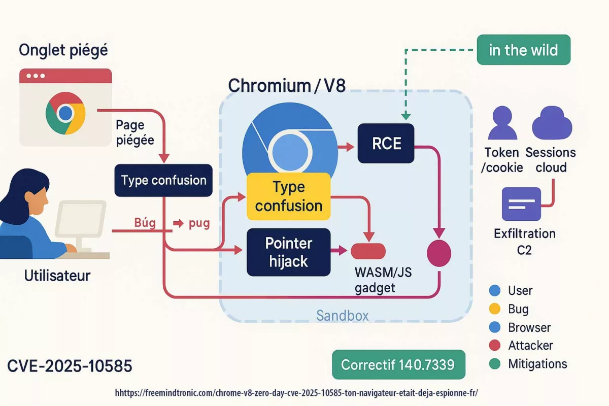 Schéma 16:9 – Chrome V8 zero-day CVE-2025-10585 : type confusion dans V8, étapes d’attaque, impacts (cookies, tokens, extensions) et mitigations Zero‑DOM.