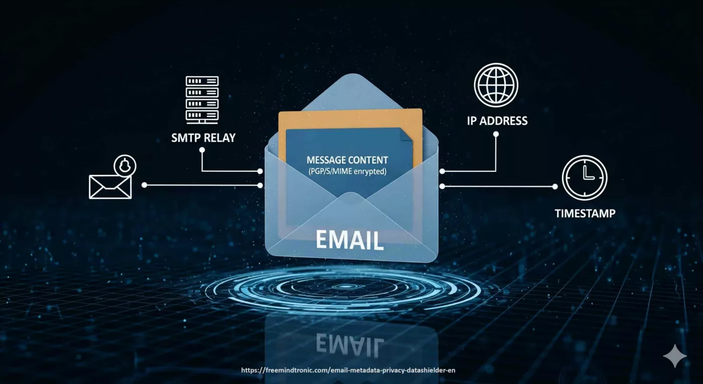 Digital social graph showing individuals connected by various communications (email, phone, chat, video). A magnifying glass symbolizes surveillance and metadata exploitation for profiling and espionage, highlighting risks associated with digital traces.
