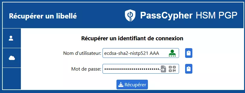 Interface PassCypher HSM PGP pour récupérer un identifiant de connexion SSH sécurisé avec clé chiffrée.