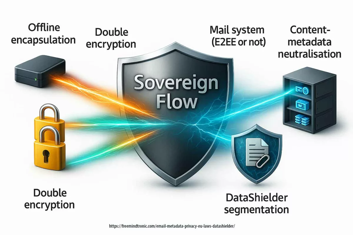 Alt: Infographic of the Sovereign Flow process with DataShielder: offline encapsulation, double encryption, email system (E2EE or not), content-metadata neutralisation, and segmentation, shown with a metallic shield on white background.