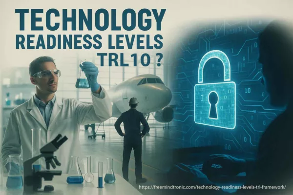 Documentary-style poster illustrating Technology Readiness Levels TRL 1 to TRL10 applied to cybersecurity, defense, and sovereign R&D innovation