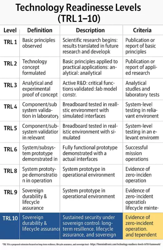 Technology Readiness Levels TRL 1 to TRL 10 table — from scientific principles to sovereign durability and long-term resilience, including lifecycle assurance and zero-incident operation.
