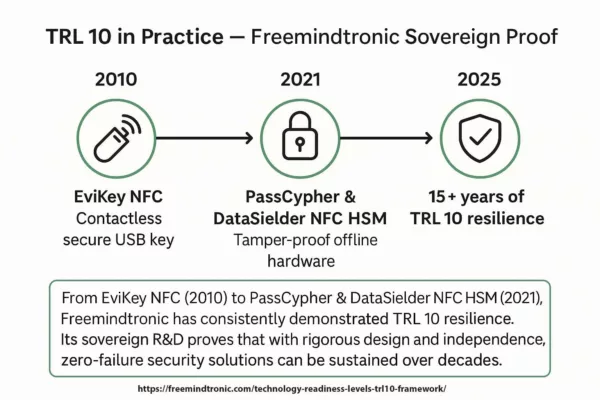 Timeline infographic showing TRL 10 in practice with Freemindtronic products: EviKey NFC secure USB key (2010) with 15 years of zero incidents, and NFC HSM solutions PassCypher and DataSielder (2021) trusted for sovereign cybersecurity.