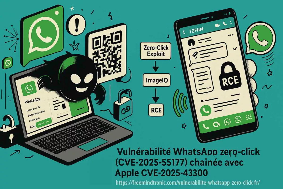 Illustration vulnérabilité WhatsApp zero-click CVE-2025-55177 exploit DNG et CVE-2025-43300 Apple avec protection HSM NFC et PGP