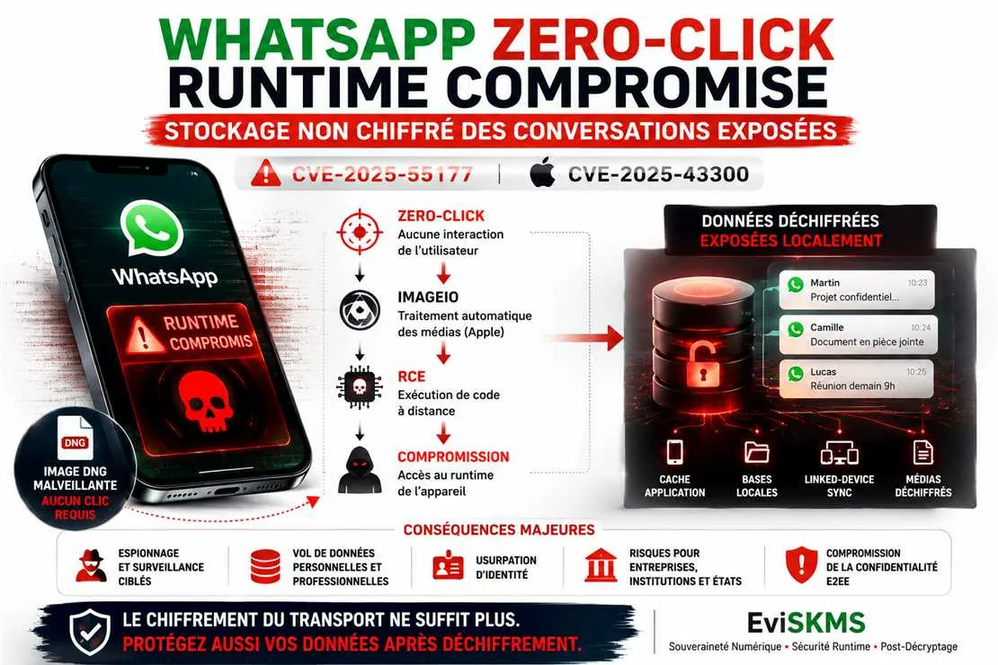 Infographie cybersécurité illustrant la vulnérabilité WhatsApp zero-click CVE-2025-55177 avec compromission runtime et stockage non chiffré des conversations exposées