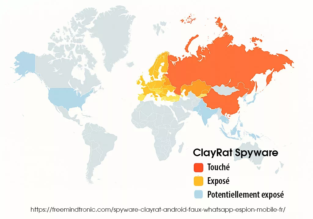 Carte mondiale illustrant la répartition géographique du spyware ClayRat Android, indiquant les zones d’infection confirmées et les régions sous surveillance.
