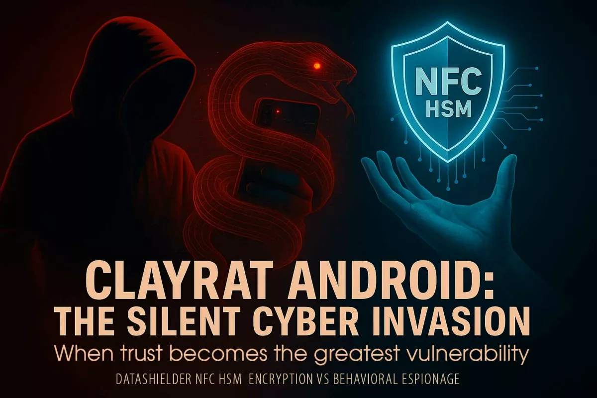 Digital poster showing a hooded hacker holding a smartphone wrapped by a glowing red digital serpent with a bright eye, symbolizing ClayRat Android spyware. A blue NFC HSM shield glows on the right, representing sovereign hardware encryption.
