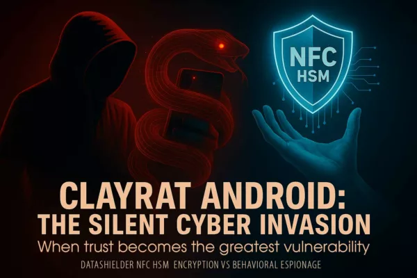 Digital poster showing a hooded hacker holding a smartphone wrapped by a glowing red digital serpent with a bright eye, symbolizing ClayRat Android spyware. A blue NFC HSM shield glows on the right, representing sovereign hardware encryption.