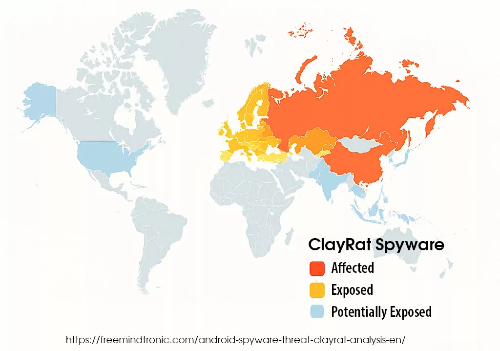 Alt (texte alternatif)Global heatmap showing the geographic distribution of the spyware ClayRat Android, highlighting confirmed and potential infection zones across Europe and Asia.