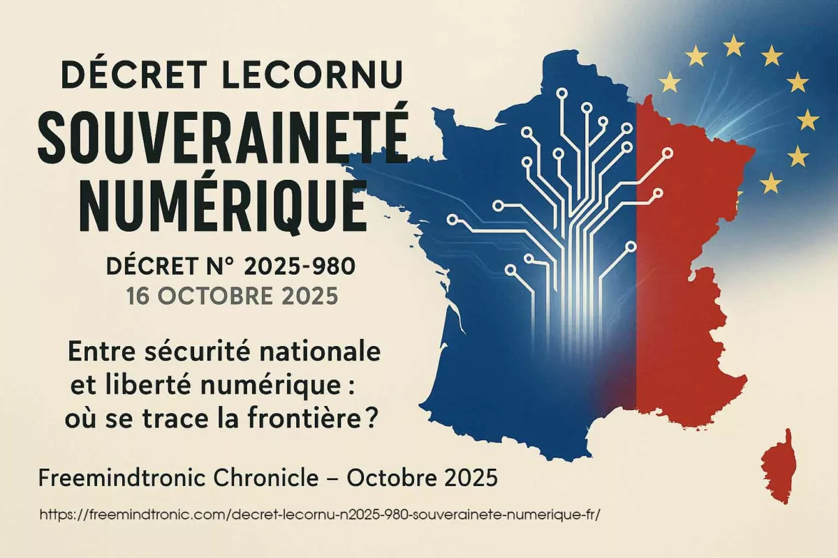 Affiche conceptuelle du Décret Lecornu n°2025-980 illustrant la souveraineté numérique française et européenne, avec un faisceau de circuits reliant la carte de France au drapeau européen pour symboliser la conformité cryptographique Freemindtronic