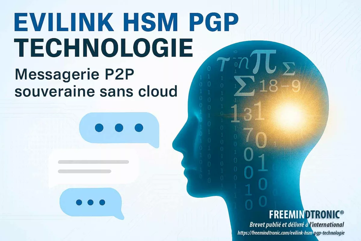 Visuel scientifique illustrant EviLink HSM PGP, technologie de messagerie P2P souveraine sans cloud avec cryptographie RAM-native brevetée