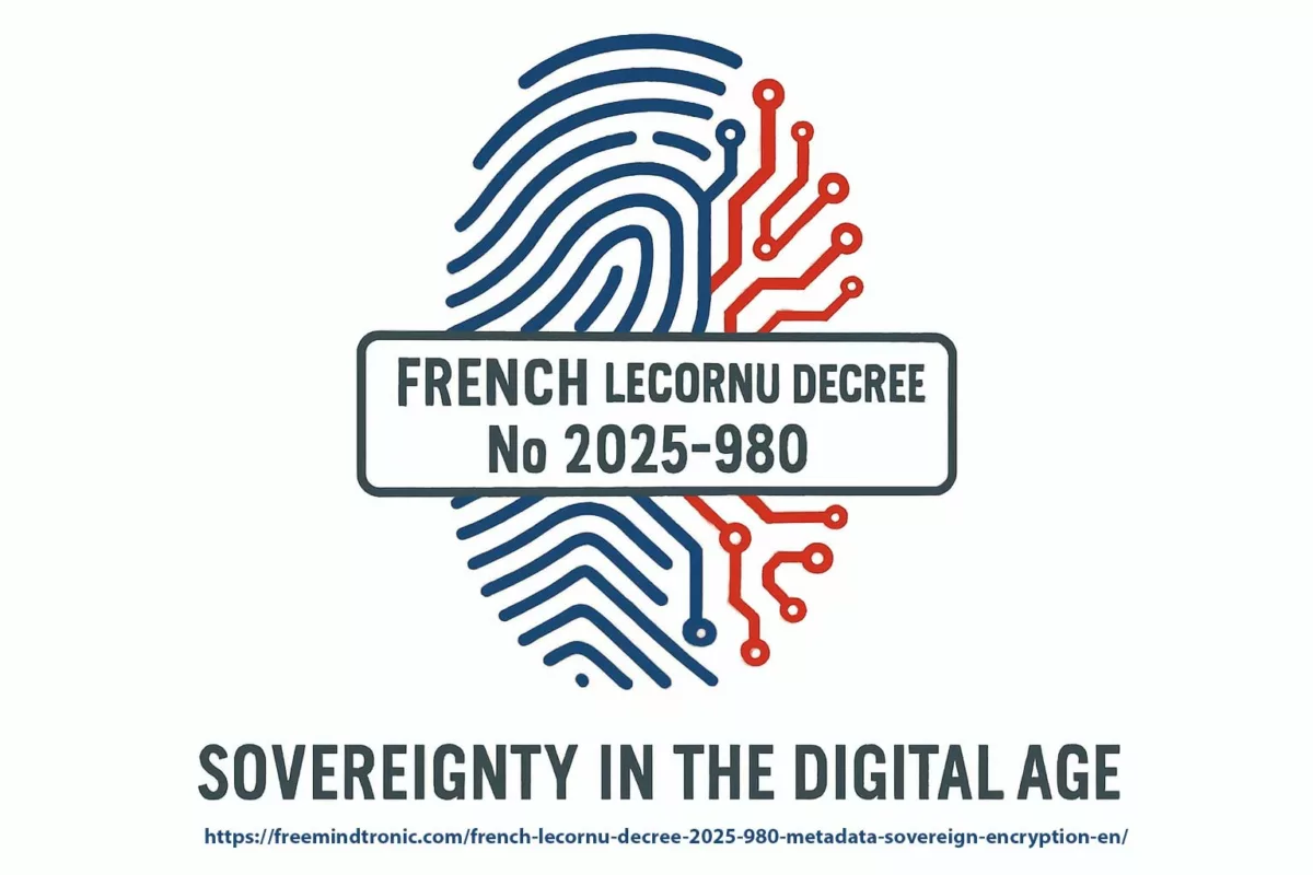 French Lecornu Decree No 2025-980 – Sovereignty in the Digital Age Fingerprint split into biometric and digital circuit patterns with the label “French Lecornu Decree No 2025-980” and the phrase “Sovereignty in the Digital Age”