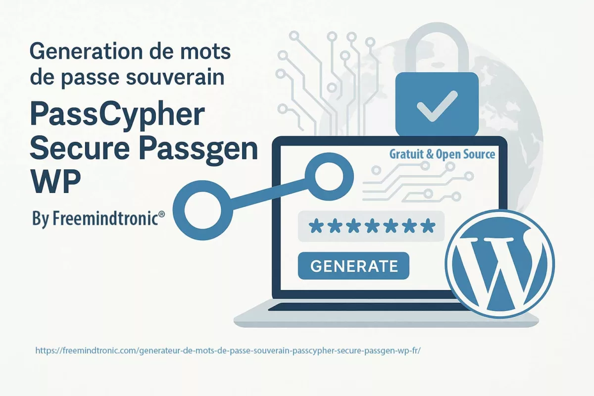 Affiche réaliste du générateur de mots de passe souverain PassCypher Secure Passgen WP pour WordPress, illustrant la génération locale, éthique et cryptographique de mots de passe sans cloud.