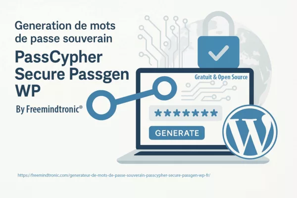 Affiche réaliste du générateur de mots de passe souverain PassCypher Secure Passgen WP pour WordPress, illustrant la génération locale, éthique et cryptographique de mots de passe sans cloud.