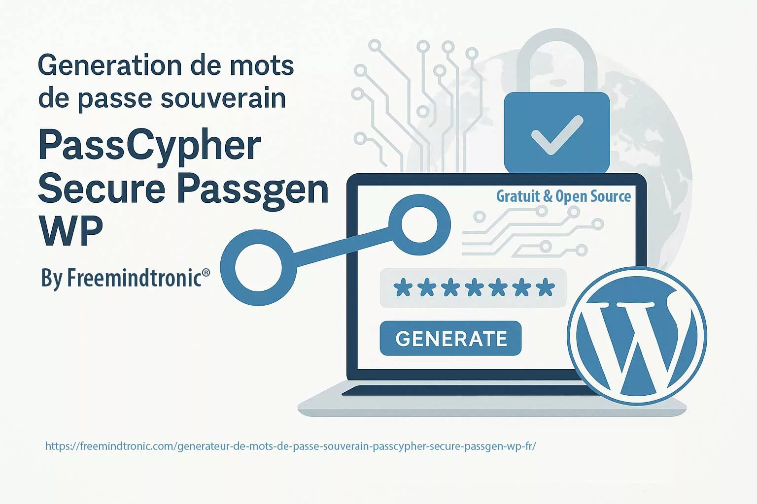 Affiche réaliste du générateur de mots de passe souverain PassCypher Secure Passgen WP pour WordPress, illustrant la génération locale, éthique et cryptographique de mots de passe sans cloud.