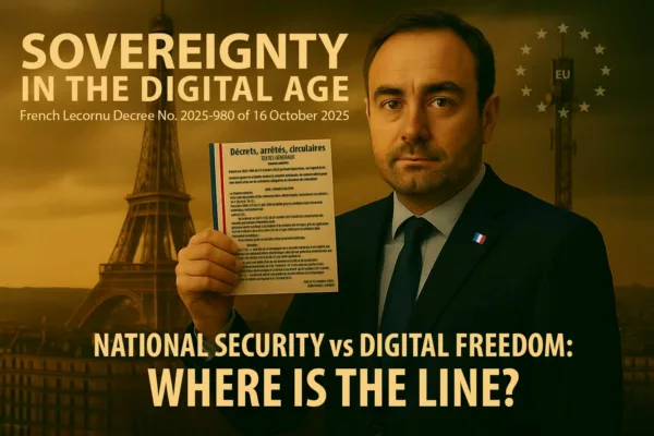 Official illustration of the Lecornu Decree 2025-980 on French metadata retention and sovereign encryption, symbolizing the balance between national security and digital freedom.