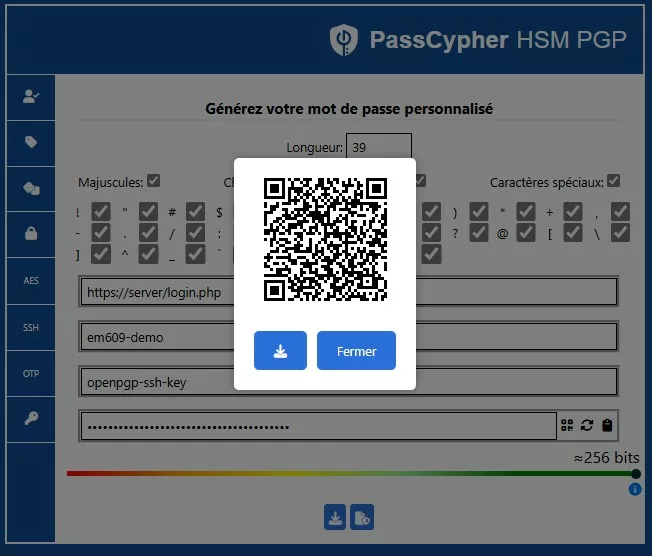 Interface PassCypher HSM PGP affichant un QR Code d’export de mot de passe pour import direct dans un HSM NFC via smartphone Android