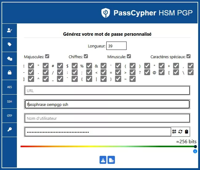 Interface PassCypher HSM PGP montrant la génération d’un mot de passe de haute entropie utilisant les 95 caractères ASCII imprimables (≈256 bits ou plus)