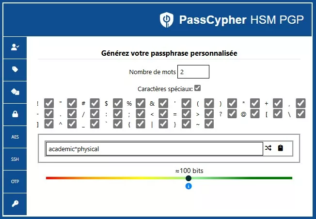 Interface PassCypher HSM PGP — génération de passphrase sécurisée avec caractères spéciaux pour clé SSH OpenPGP