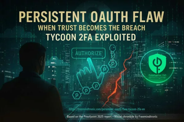 Cinematic cyber illustration showing a user authorizing a malicious OAuth app symbolizing the Persistent OAuth Flaw exploited by Tycoon 2FA, with PassCypher PGP as the Zero-Cloud defense solution.