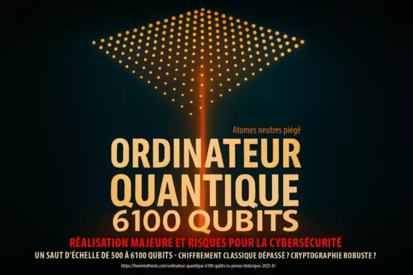Infographie illustrant un ordinateur quantique à atomes neutres piégés, montrant le saut d’échelle de 500 à 6100 qubits et ses implications pour le chiffrement et la sécurité