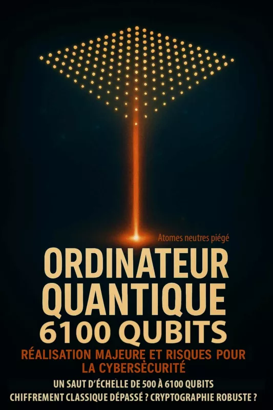 Infographie illustrant un ordinateur quantique à atomes neutres piégés, montrant le saut d’échelle de 500 à 6100 qubits et ses implications pour le chiffrement et la sécurité