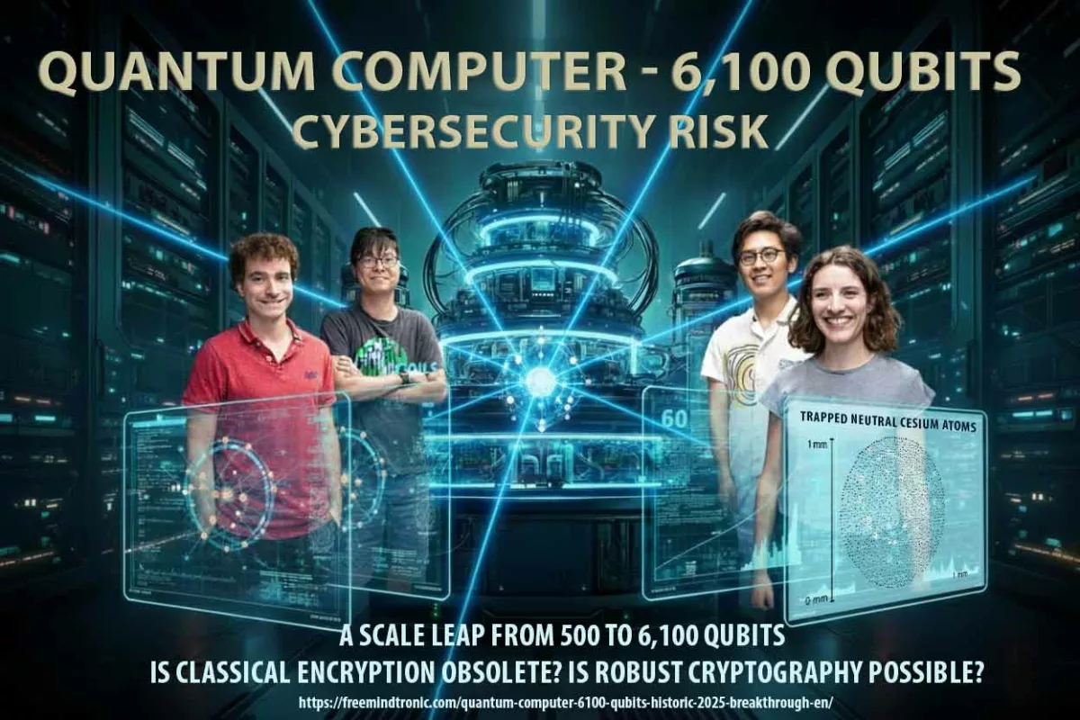 Science-fiction movie style poster showing a quantum computer cryostat with 6,100 qubits. A researcher is observing the device. The title warns of a "MAJOR BREAKTHROUGH & CYBERSECURITY RISKS" related to the trapped neutral atoms. Blue laser beams (optical tweezers) are visible, highlighting the zone-based architecture.