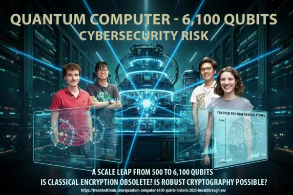 Science-fiction movie style poster showing a quantum computer cryostat with 6,100 qubits. A researcher is observing the device. The title warns of a "MAJOR BREAKTHROUGH & CYBERSECURITY RISKS" related to the trapped neutral atoms. Blue laser beams (optical tweezers) are visible, highlighting the zone-based architecture.