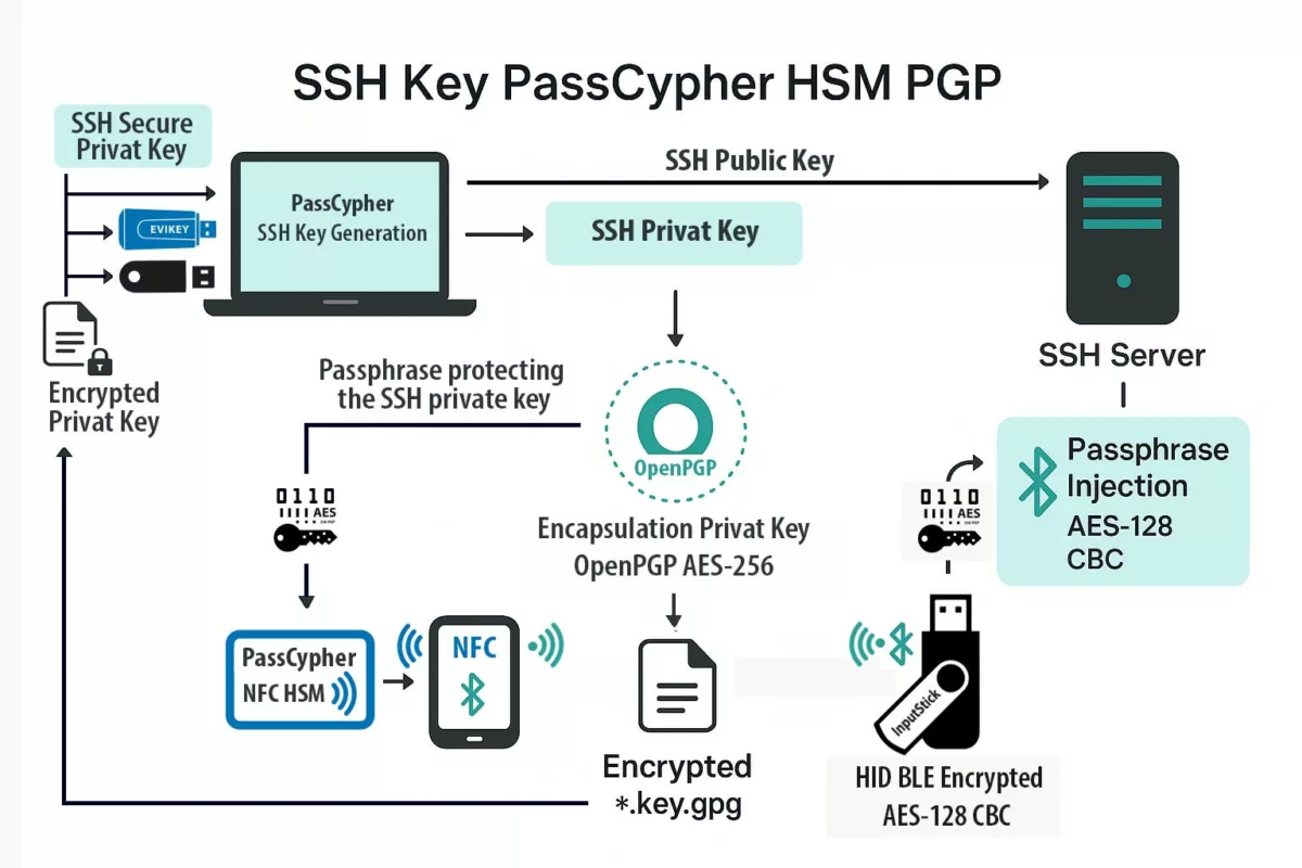 Diagramme fonctionnel illustrant l’architecture SSH Key PassCypher HSM PGP. Le processus inclut la génération locale de la clé SSH dans PassCypher, la protection par passphrase chiffrée AES-256 via OpenPGP, le stockage sécurisé du conteneur *.key.gpg, et l’injection de la passphrase par le module PassCypher NFC HSM via BLE-HID AES-128 CBC vers le serveur SSH. Vue 16/9 sur fond blanc.