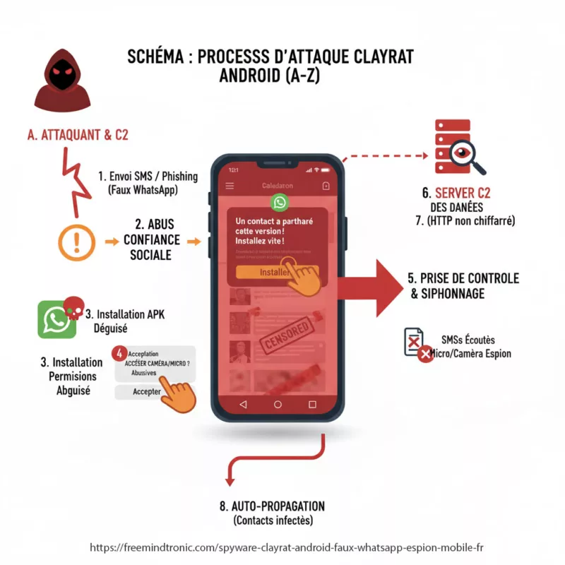 Schéma illustrant les 8 étapes de l'attaque du spyware ClayRat sur Android : du phishing SMS à l'exfiltration des données vers le serveur C2, en passant par l'abus de confiance sociale et l'obtention des permissions caméra/micro.
