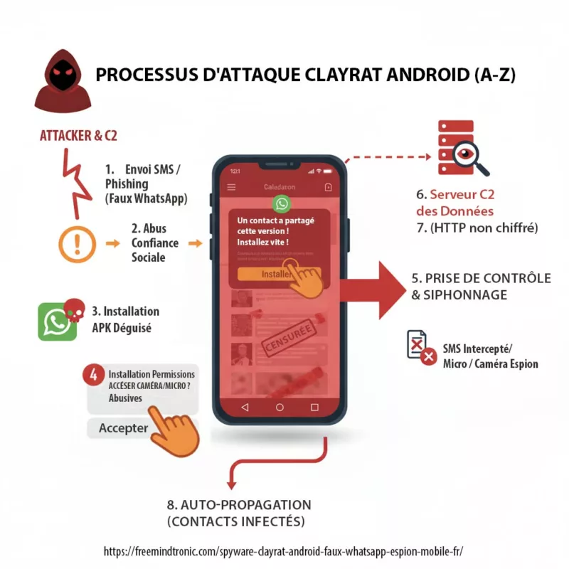 Schéma illustrant les 8 étapes de l'attaque du spyware ClayRat sur Android : du phishing SMS à l'exfiltration des données vers le serveur C2, en passant par l'abus de confiance sociale et l'obtention des permissions caméra/micro.