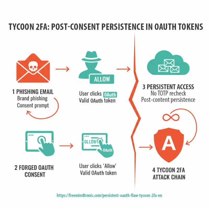 Infographic showing the Tycoon 2FA persistent OAuth flaw attack chain: a phishing email leads to forged OAuth consent, valid token issuance, and persistent cloud access without MFA recheck — illustrating post-consent persistence.