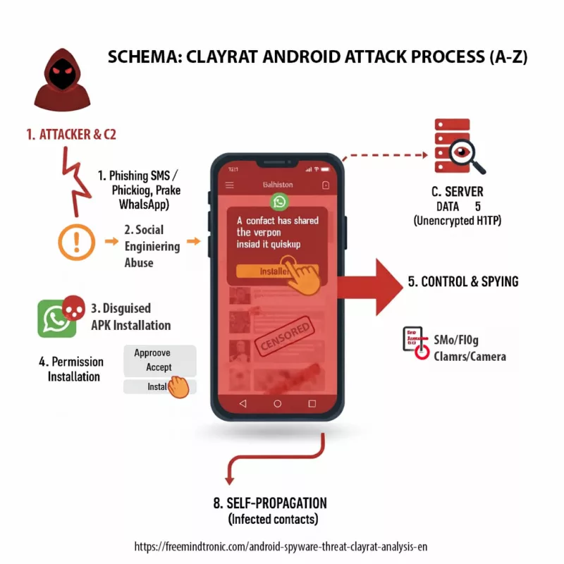 Complete diagram illustrating the ClayRat Android spyware attack process, from social engineering to data exfiltration to the C2 server.