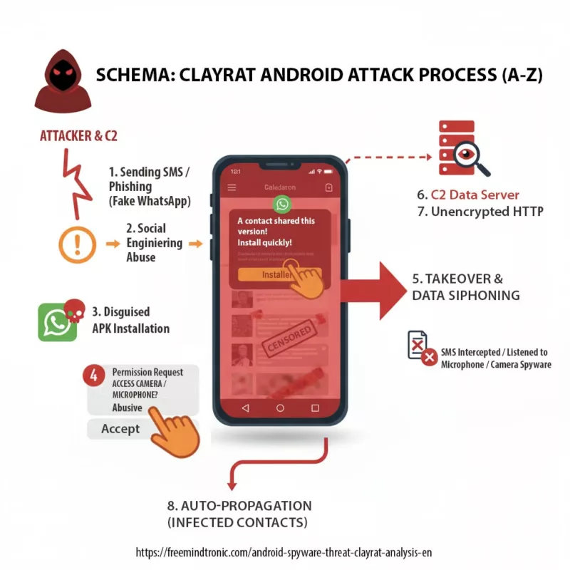 Complete diagram illustrating the spyware ClayRat Android spyware attack process, from social engineering to data exfiltration to the C2 server.