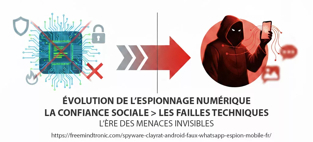 Image de séparation montrant la dualité de la menace cyber (ombre masquée) et l'échec de la détection face au cyberespionnage mobile.