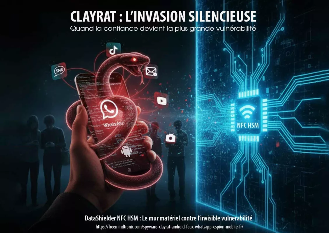 dark du spyware ClayRat Android se cachant dans un smartphone face à la défense matérielle DataShielder NFC HSM. Le hacker est éclairé en rouge, la protection est un bouclier bleu.