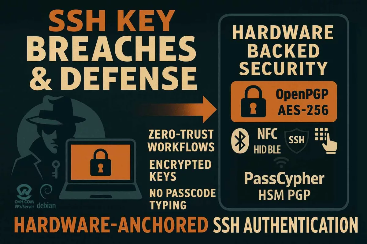 Flat graphic poster illustrating SSH key breaches and defense through hardware-anchored SSH authentication using PassCypher HSM PGP, OpenPGP AES-256 encryption, and BLE-HID zero-trust workflows.
