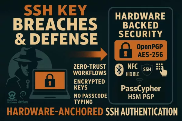 Flat graphic poster illustrating SSH key breaches and defense through hardware-anchored SSH authentication using PassCypher HSM PGP, OpenPGP AES-256 encryption, and BLE-HID zero-trust workflows.