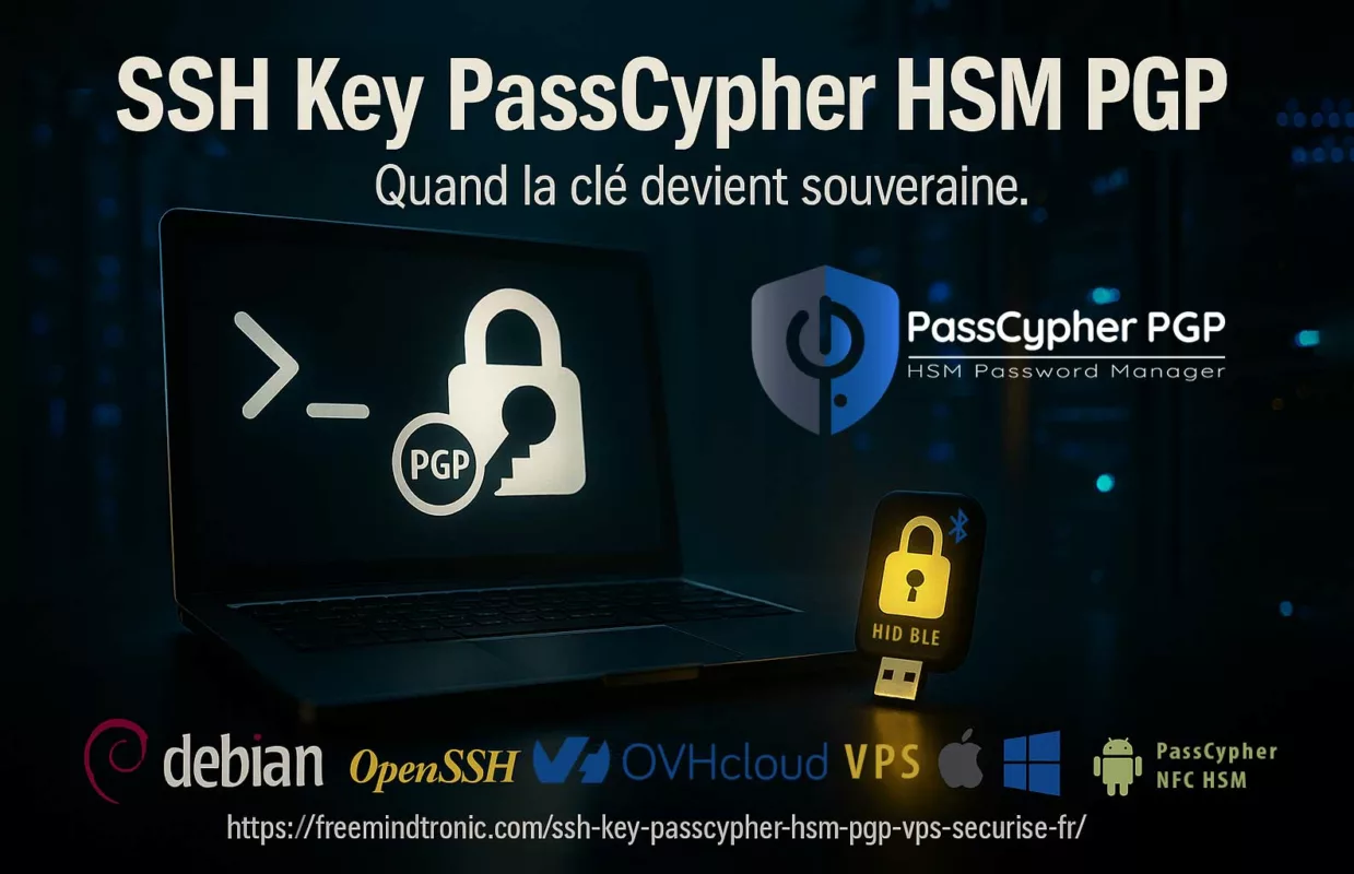 Illustration cyber réaliste représentant SSH Key PassCypher HSM PGP, avec un ordinateur affichant un terminal SSH, un HSM USB et un environnement de serveurs OVHcloud en arrière-plan