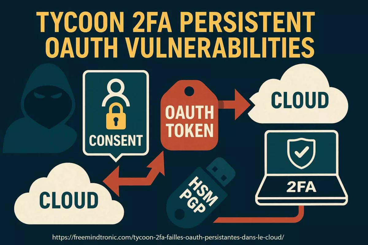 Illustration montrant la faille Tycoon 2FA failles OAuth persistantes : une application OAuth malveillante obtenant un jeton d’accès persistant malgré la double authentification, symbolisée par un cloud vulnérable et un HSM souverain bloquant l’attaque.