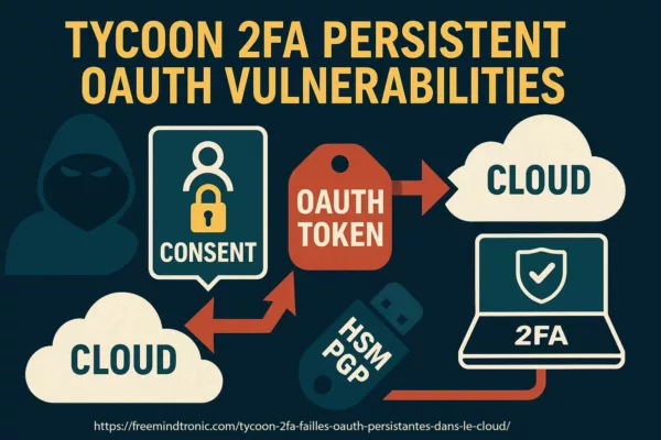 Illustration montrant la faille Tycoon 2FA failles OAuth persistantes : une application OAuth malveillante obtenant un jeton d’accès persistant malgré la double authentification, symbolisée par un cloud vulnérable et un HSM souverain bloquant l’attaque.