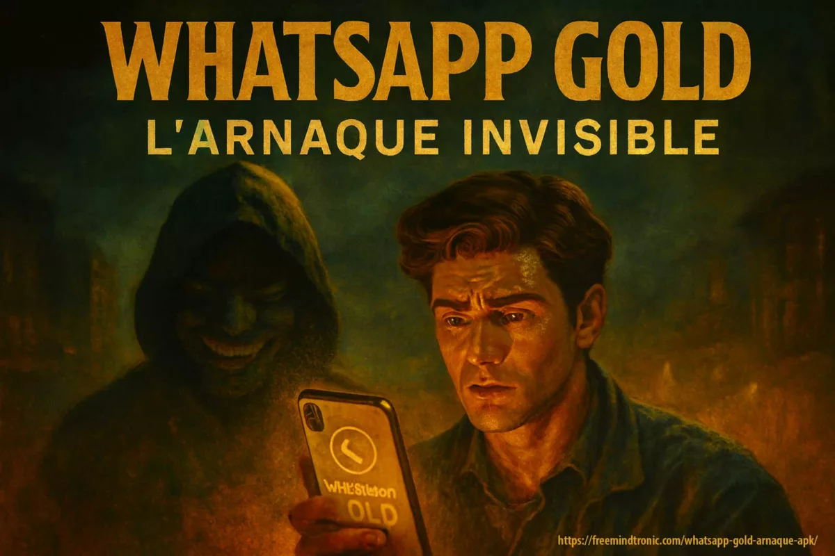 typologique illustrant l’arnaque mobile WhatsApp Gold avec un smartphone doré et une silhouette menaçante en arrière-plan
