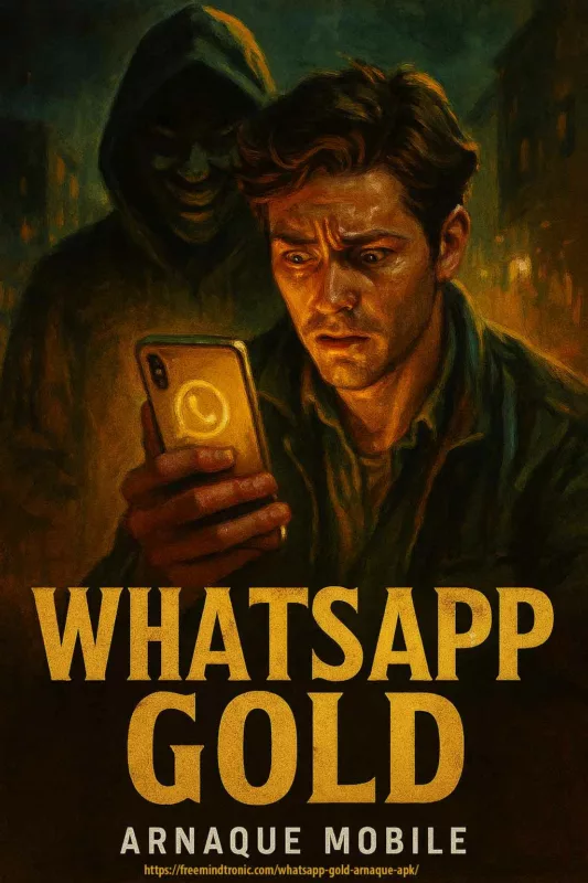 Affiche de cinéma illustrant l’arnaque mobile WhatsApp Gold avec un smartphone doré et une silhouette menaçante