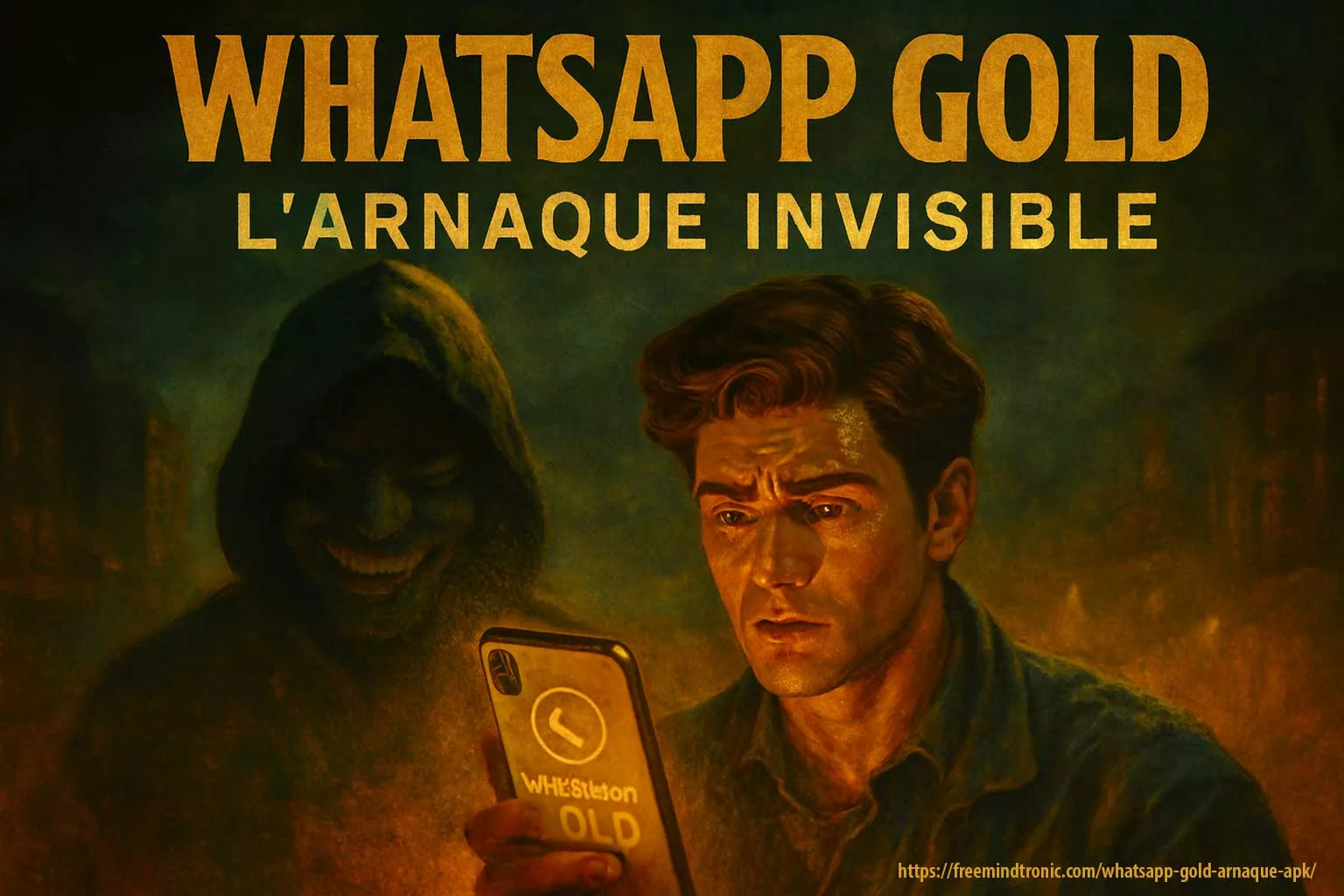 typologique illustrant l’arnaque mobile WhatsApp Gold avec un smartphone doré et une silhouette menaçante en arrière-plan