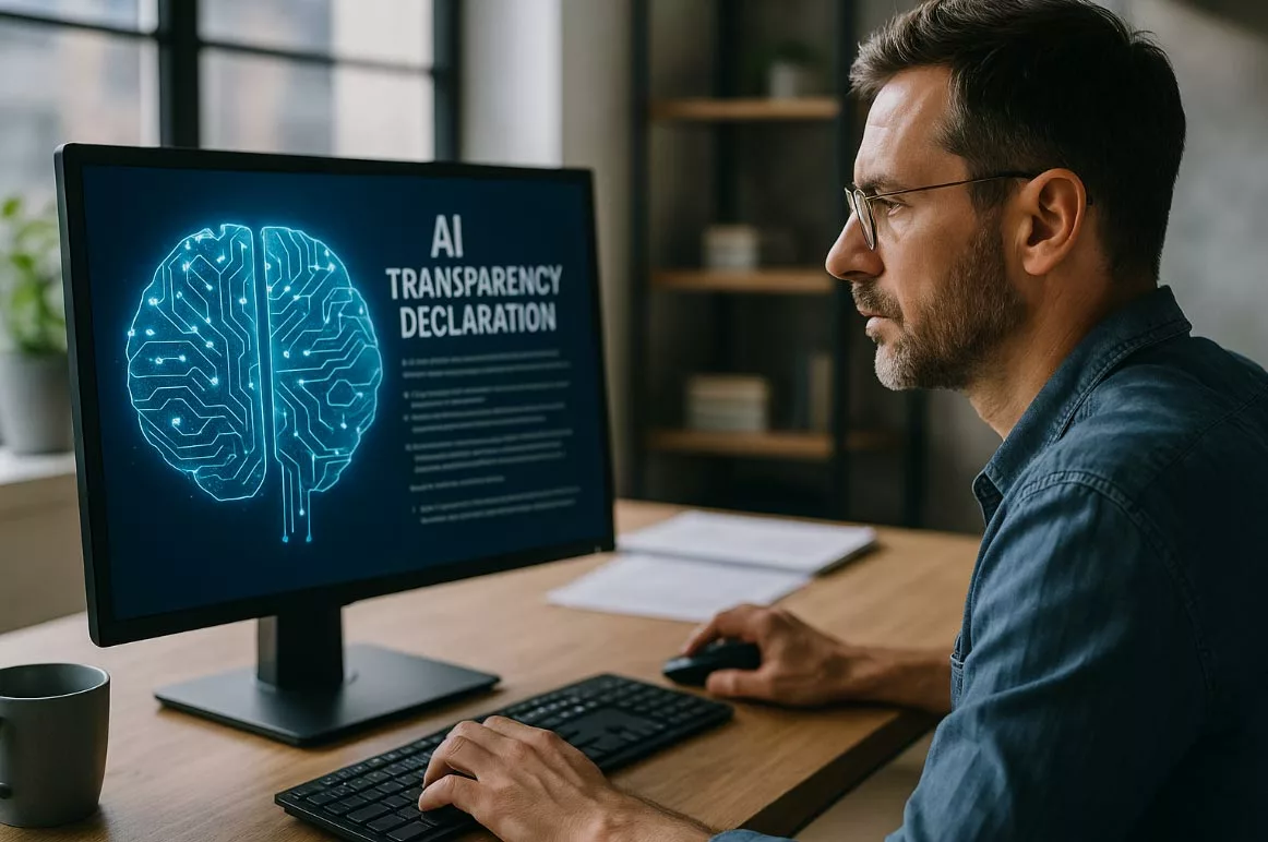Homme travaillant sur la Déclaration de transparence de l’IA de Freemindtronic Andorre (AI Transparency Declaration | Declaració de transparència de la IA).