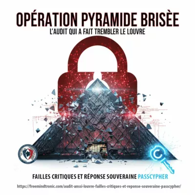 Affiche ultra-réaliste de la correction des failles critiques de l'Audit ANSSI Louvre : la clé PassCypher souveraine brise un cadenas rouge devant la Pyramide.